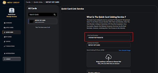 Link Card Number screen